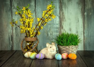 A picture representing Easter showing some forsythia in a jar, painted easter eggs, a fluffy toy rabbit and some fresh green grass growing in a basket.