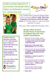 Fully funded Family Learning Boogie Mites course to support school ready listening, language and literacy skills through music.